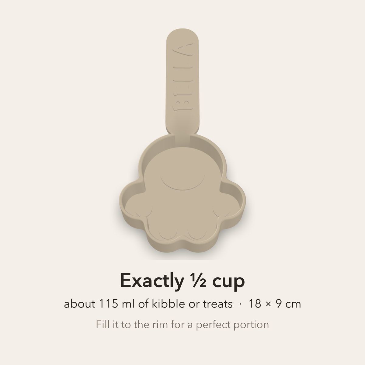 Paw food scoop holds half a cup
