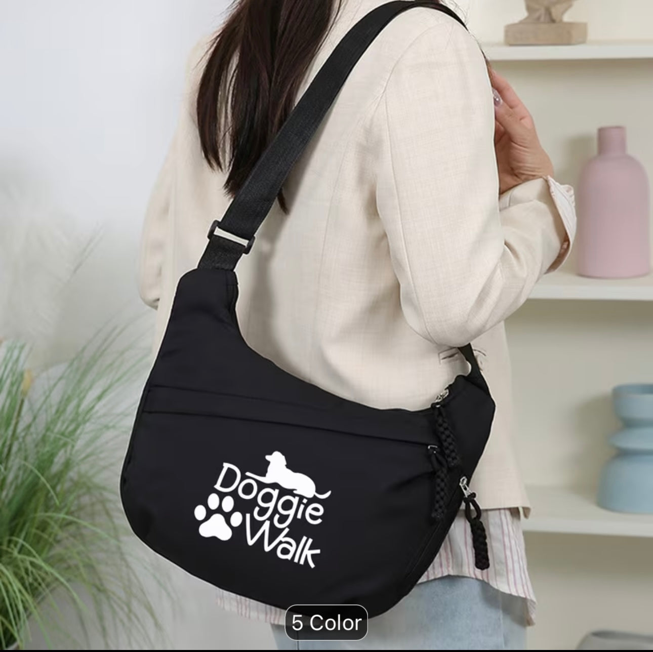 Dog-walking-themed Printed Single-shoulder Bag, Large-capacity Crossbody Bag with Double-layer Zipper Design,