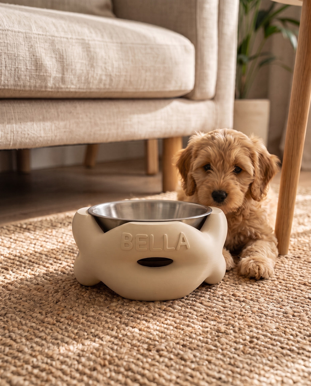 Cream braid bowl stand with a cockapoo puppy