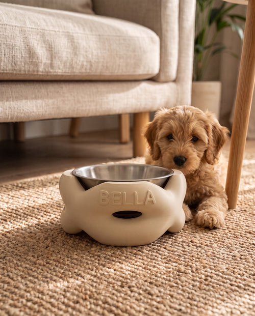 Cream braid bowl stand with a cockapoo puppy